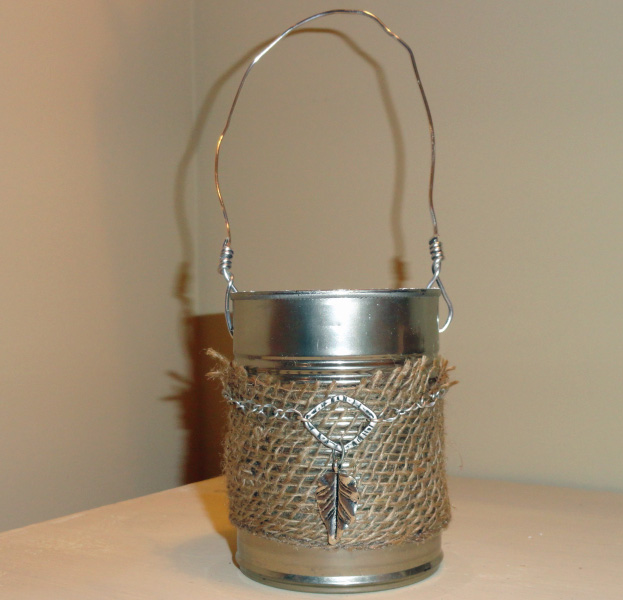 recycled can caddies, crafts, decoupage, repurposing upcycling, For a more industrial look I kept this one mainly silver with a burlap wrap and some silver accents