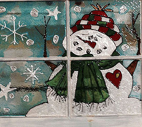 snowman painted in stain glass paint on old window, Stain glass paint on old window