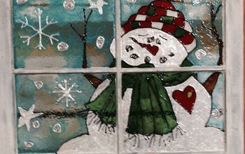 Snowman painted in stain glass paint on old window