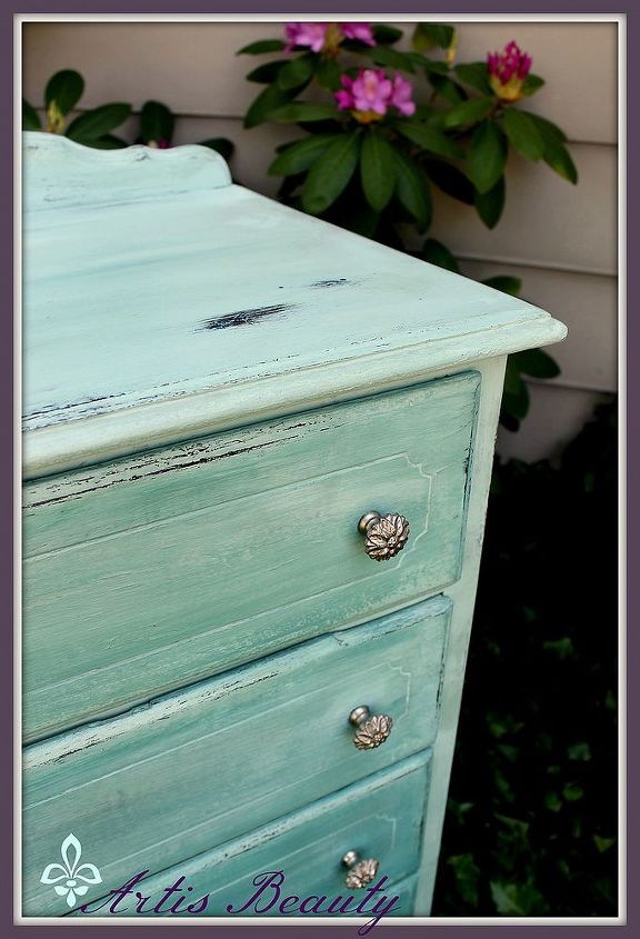 salvaged dresser turned blue green beauty queen, painted furniture, painted and distressed to show the contrast between the blue and the black
