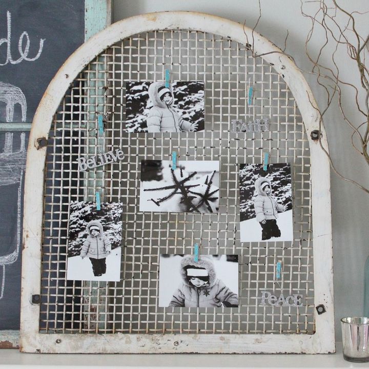 a wintery photo display from an old window grate, home decor, repurposing upcycling, I used sparkly blue clothes pins from the Target Dollar Spot to clip the photos on