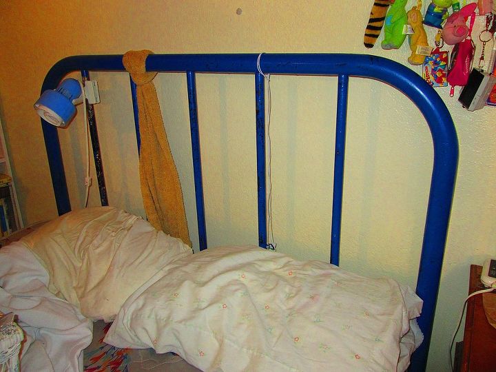 how can i repaint my heavy iron bed frame, Blue paint has to go I want an old white hospital bed look so some chipping is ok but bright blue