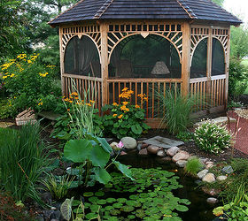 gazebos and ponds some things just go together, gardening, outdoor living, ponds water features, This gazebo has night lighting for long evenings by the pond