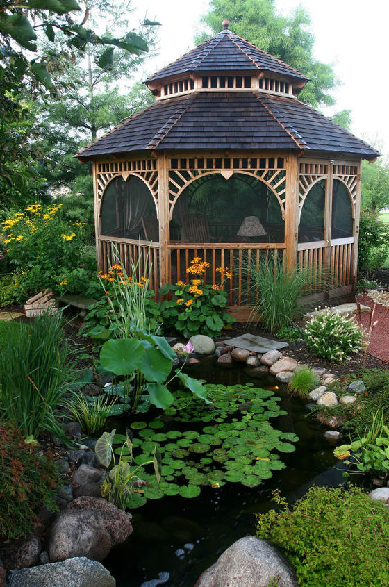 gazebos and ponds some things just go together, gardening, outdoor living, ponds water features, This gazebo has night lighting for long evenings by the pond