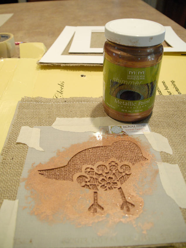 easy fall burlap art, crafts, repurposing upcycling, Then I worked on painting a stencil I got from Royal Design Studio with Modern Masters Copper Penny