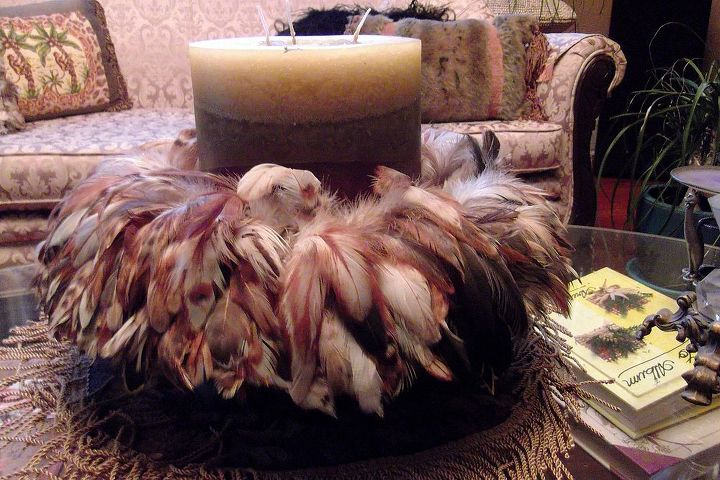 falling lite as a feather, home decor, Trimming candles with feathers
