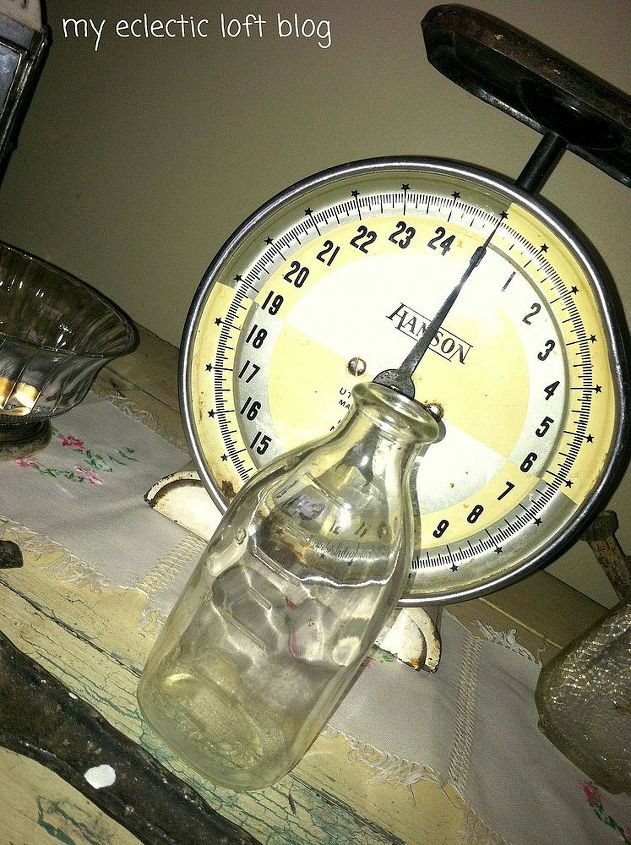 adding vintage decor to my home, home decor, repurposing upcycling, shabby chic, Vintage scales with one of my baby bottles from when I was a baby