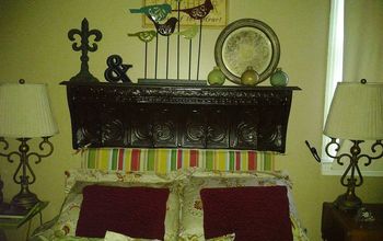 Impromptu Headboard From a Ceiling Tin Shelf and a Bench Cushion