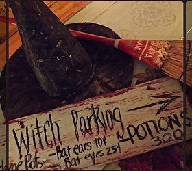 witch parking and potions, crafts, halloween decorations, pallet, seasonal holiday decor, Just a circle cut and a cone shaped and some hot glue then a wash of black paint and you have a witches hat