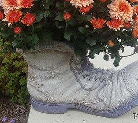 mums in a boot, gardening, repurposing upcycling, seasonal holiday decor, The boot is realistically worn right down to the tattered finish curled up soles and wrinkled shape