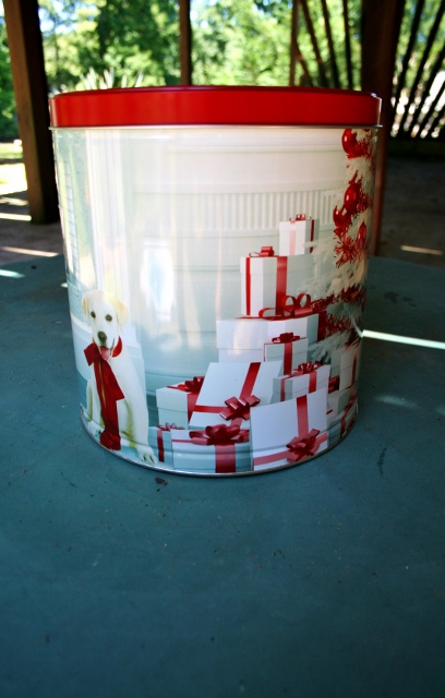 upcycled popcorn tin to teal organization container, crafts, repurposing upcycling, Stop Don t throw away that old Christmas popcorn tin