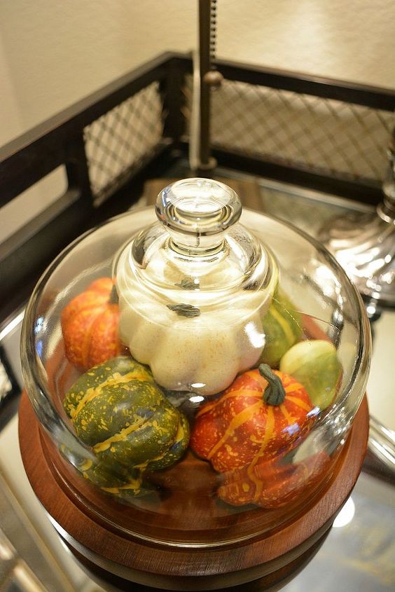 my fall decorated bar table, seasonal holiday decor, A cloche with gourds