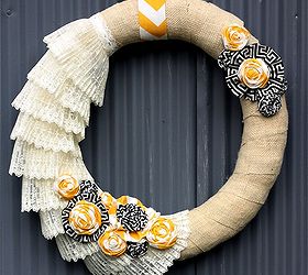 how to make a burlap and lace wreath, crafts, wreaths, Burlap and Lace Wreath with yellow and black accents Isn t it fun