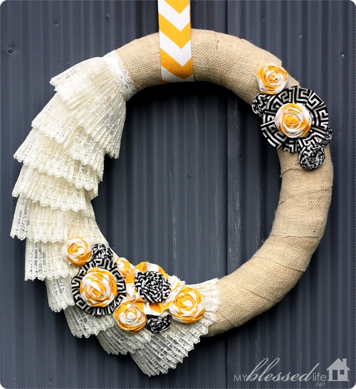 how to make a burlap and lace wreath, crafts, wreaths, Burlap and Lace Wreath with yellow and black accents Isn t it fun