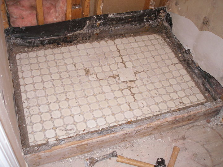 shower renovation, bathroom ideas, tiling, The shower floor is lined with thick plastic under the concrete to prevent water from damaging the wooden floor