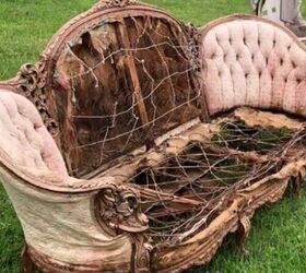 This unbelievably ripped-up couch looks so good in her garden right now