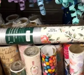 How she uses some pretty floral wrapping paper to improve her countertop storage in a snap