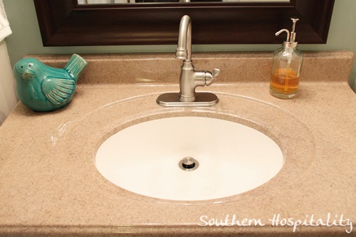 sharing pics from my parent s 1970 s bathroom renovation vanity countertop faucet, bathroom ideas, home decor, Solid surface countertop with Moen faucet