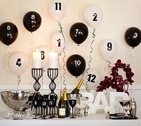 6 new year s eve party ideas, seasonal holiday d cor, Countdown 3 2 1 Set the scene for the big moment by transforming a folding table into a dramatic black and white bar Customize stemware as well as the balloons with peel and stick numbers Easy to keep track of your glass