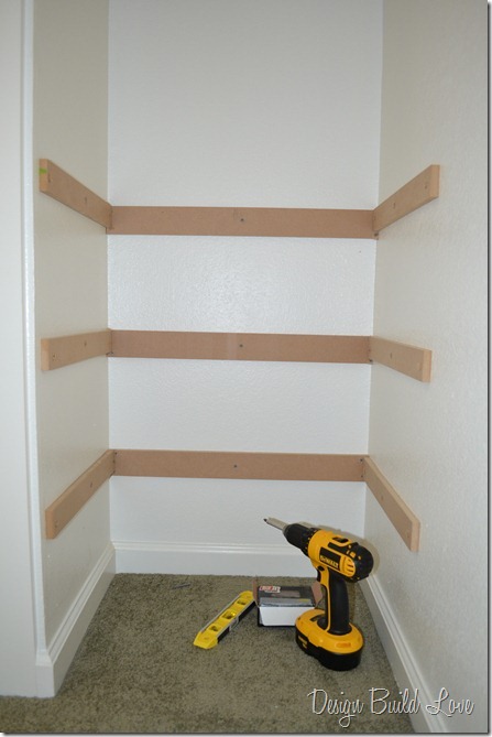 7 simple steps to create cheap easy built in closet storage, cleaning tips, closet, diy, shelving ideas, storage ideas, Third I used my drill and screwed each support piece to the wall So each shelf had three supports a piece
