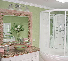 trd interior bath design amp project management, bathroom ideas, home decor, Custom cabinets with Bisazza tile countertop and mirror frame complimented with polished chrome fixtures