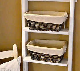 turning a found rung ladder into shelving, repurposing upcycling, shelving ideas, storage ideas, Baskets are added for extra storage in the bathroom or any room