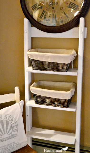 turning a found rung ladder into shelving, repurposing upcycling, shelving ideas, storage ideas, Baskets are added for extra storage in the bathroom or any room