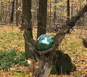 lighted gazing ball mounted in an old log instructions included, gardening, lighting, All finished Now my Fairyball is green until I can find the perfect replacement color