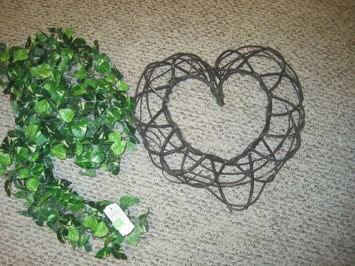 diy boxwood amp bead board wall art, crafts, home decor, wreaths, Take greenery preferrably the kind that is on a chain and wrap it around a heart wreath form I used a twig reath form I purchased at the GW for less than 1