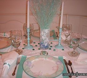 lace7y vases, crafts, Here it is being used for my Aqua Iris Tablescape Happy Creating everyone