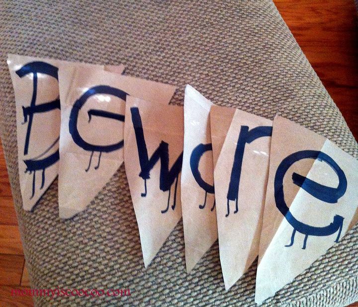 free halloween pennant banner beware, crafts, halloween decorations, repurposing upcycling, seasonal holiday decor, Use a dark marker to draw beware on your grocery bag triangles