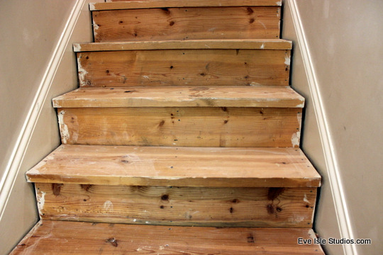 stair redo phase 1 complete, diy, home improvement, stairs, woodworking projects, After the staples were removed Most of the front of the treads are chipped off