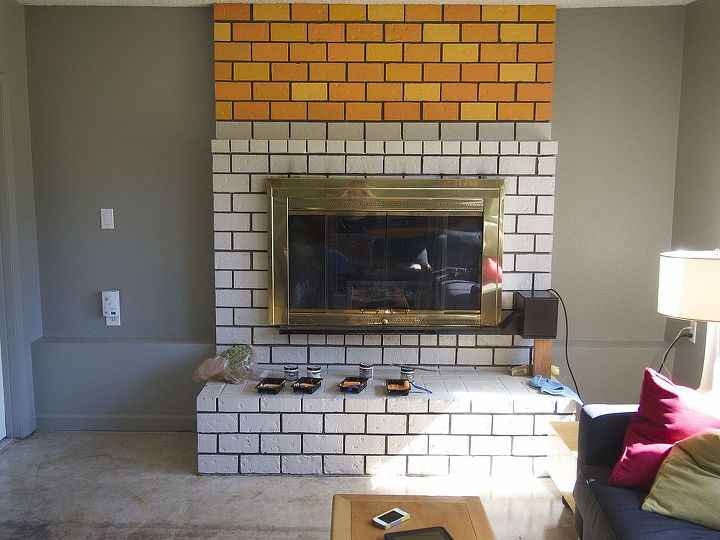 would you paint your brick fireplace a bold orange we did, fireplaces mantels, home decor, living room ideas, painting, but we decided this was a little too bright and too cartoonish