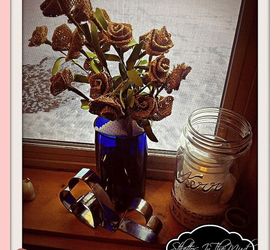 valentines day vignettes and decor, seasonal holiday d cor, valentines day ideas, Burlap Flowers in a vase made from an old bottle