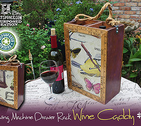 wine caddy made by repurposing sewing machine drawer racks, repurposing upcycling, I created this repurposed wine caddy with some different artistic fabric on both sides surrounded by vintage yardsticks and a lot of custom woodwork by GadgetSponge com