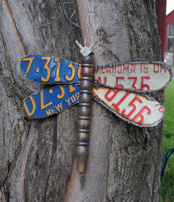 dragonfly made from old license plates, repurposing upcycling, NY OK Repurposed License Plate Dragonfly