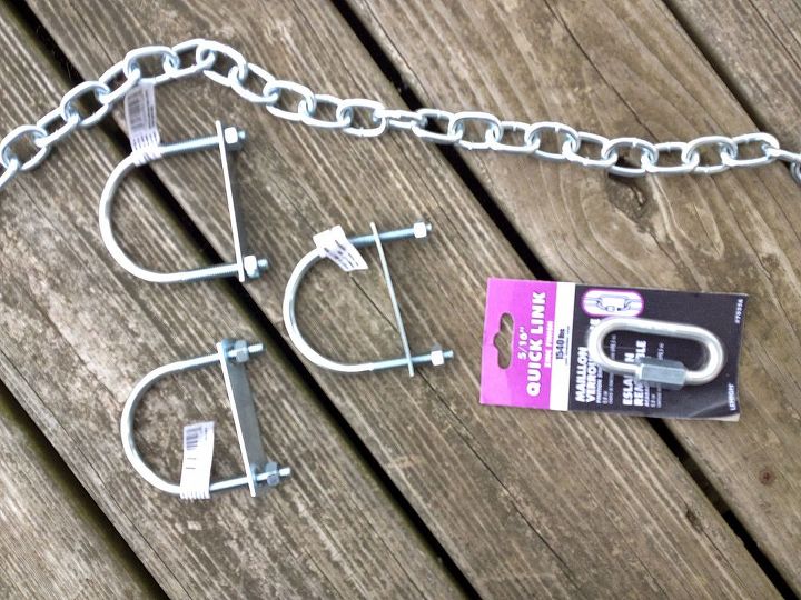 diy old fashioned tire swing, diy, outdoor living, Here is the hardware you need 3 two inch U bolts 3 four and a half foot long pieces of chain and a quick connect