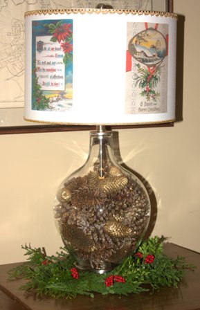 christmas in august lamp decorating challenge, christmas decorations, crafts, decoupage, lighting, seasonal holiday decor, Vintage postcards adorn the shade of the lamp