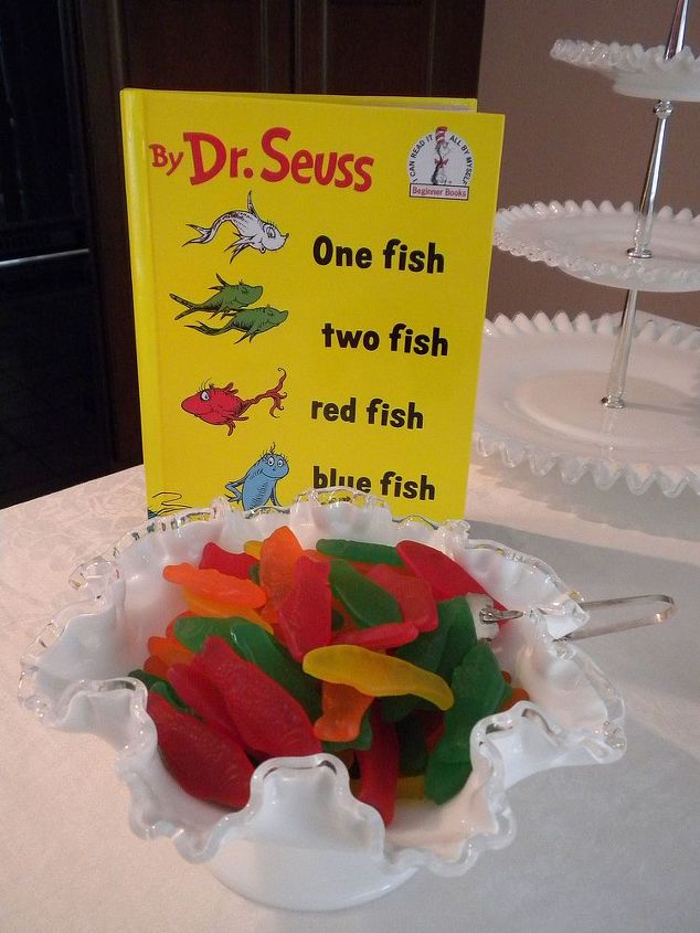book inspired buffet baby, home decor, Dr Suess One fish two fish red fish blue fish kept watch over the Swedish fish one of our guest of honor s favorite snacks