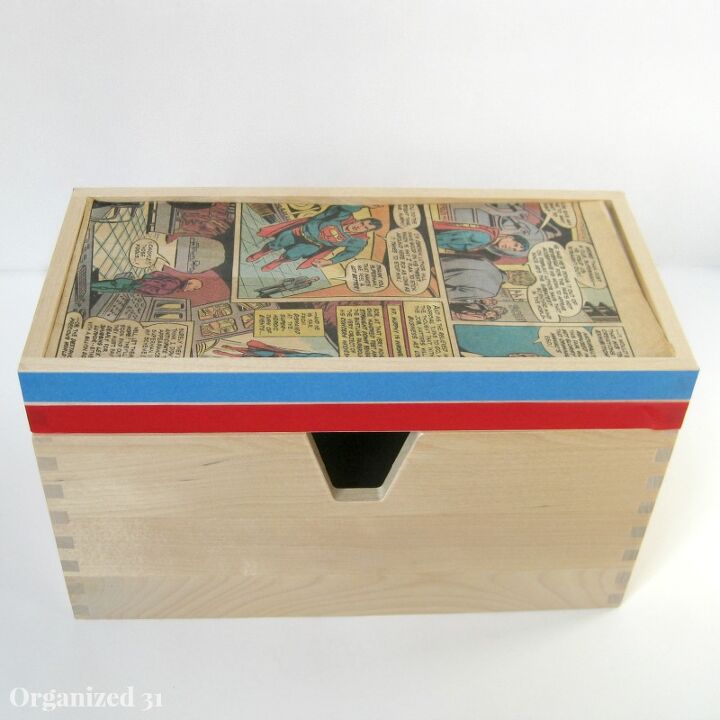 make organizing match your style, crafts, decoupage, organizing, Or use an old comic book Mod Podge and washi tape to decorate the box All of the elements of this decoration can be easily removed so you can change the look as often as you want