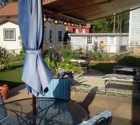 my large landscape project, flowers, gardening, landscape, I had no place to set in an shade in my backyard so I had a Sunsetter retractable awning installed with patio lights