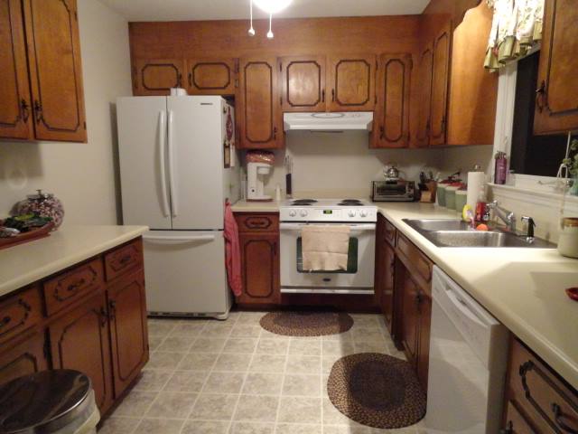 kitchen cabinets, home decor, kitchen cabinets, kitchen design, painting, BEFORE moved cabinets on left to frig area Recessed new frig into wall w pantry which was originally a hall closet New appliances ceramic floor granite counter sink painted cabinets Painted ceiling fan blades to match wall