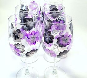 painted wine glass by brushes with a view, painting, Purple and black floral with crystal centers by Brushes with A View
