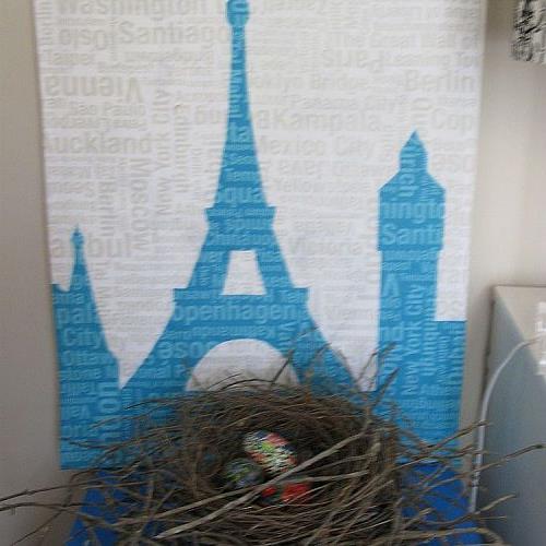 make your own wall art using tea towels or fabric, crafts, repurposing upcycling, Another Paris tea towel over canvas real birds nest from garden in foreground with papier mache eggs