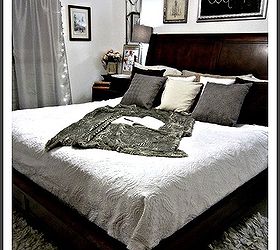 design on a dime rustic glam bedroom stage 1, bedroom ideas, home decor, painted furniture, rustic furniture, I put white Xmas lights behind our curtains to add that touch of coziness to the bedroom