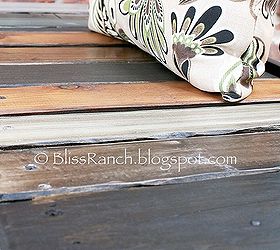 porch bench made from old headboard amp scrap wood, diy, painted furniture, woodworking projects, Each piece of wood stained or painted a different shade