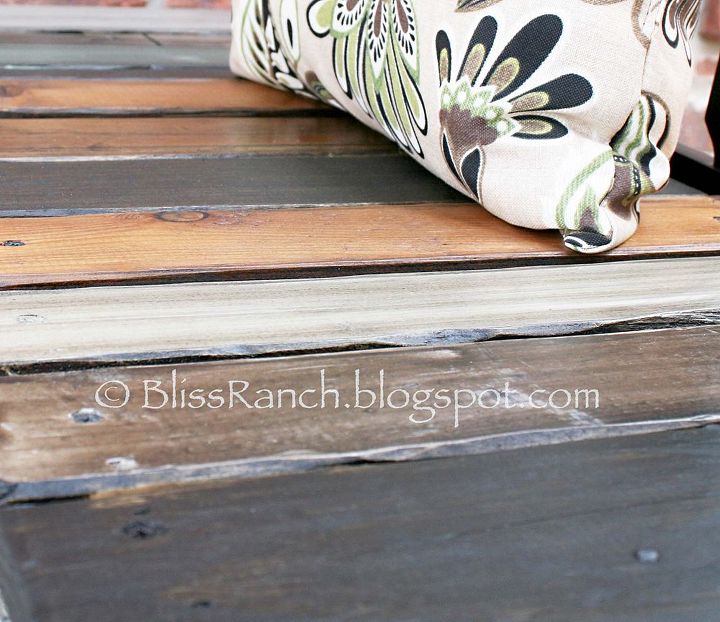 porch bench made from old headboard amp scrap wood, diy, painted furniture, woodworking projects, Each piece of wood stained or painted a different shade