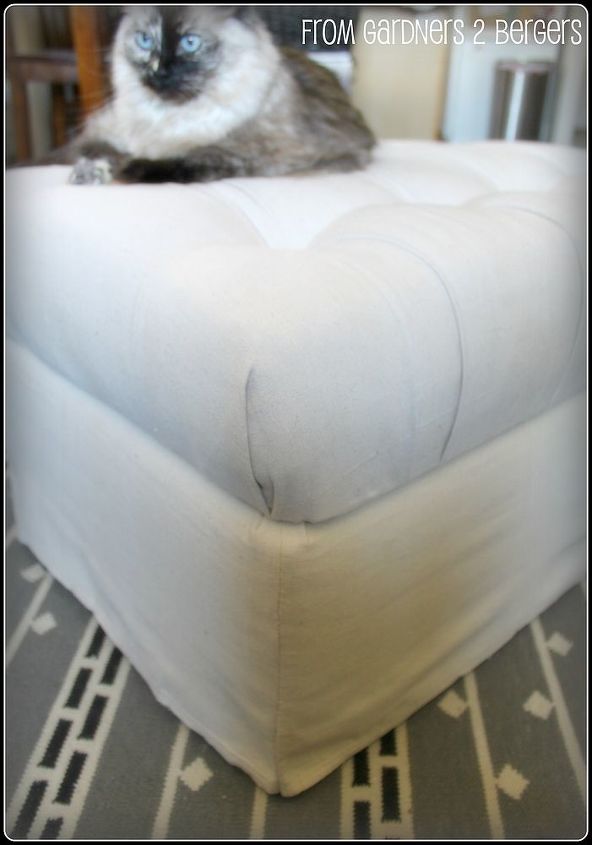 ballard ottoman knock off outdated ottoman rehab w drop cloth tufting tutorial, painted furniture, reupholster, I hand stitched the pinned side together here you can see it turned out straight