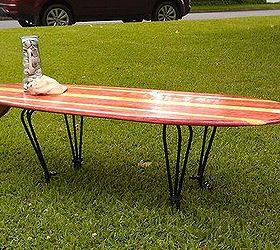 surfboard coffee table, painted furniture, repurposing upcycling