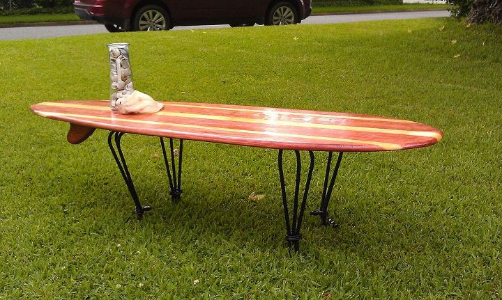 surfboard coffee table, painted furniture, repurposing upcycling